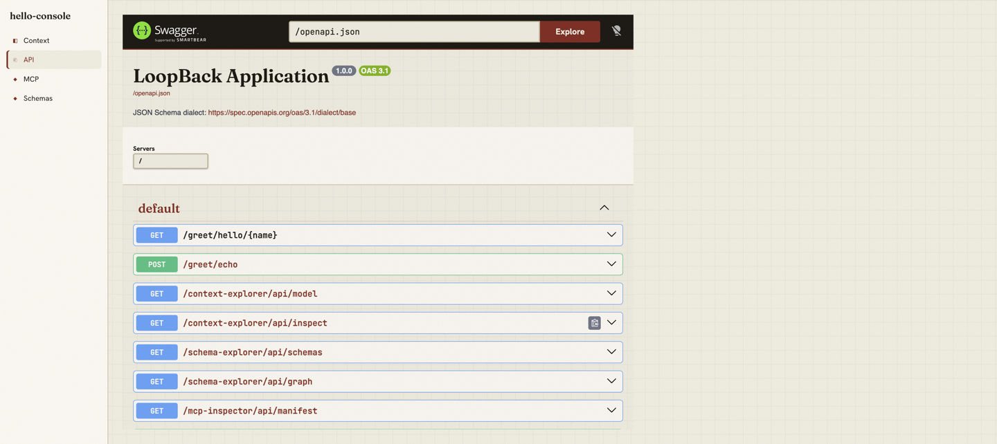 The API panel: Swagger UI rendering the application's OpenAPI document with its REST routes listed.