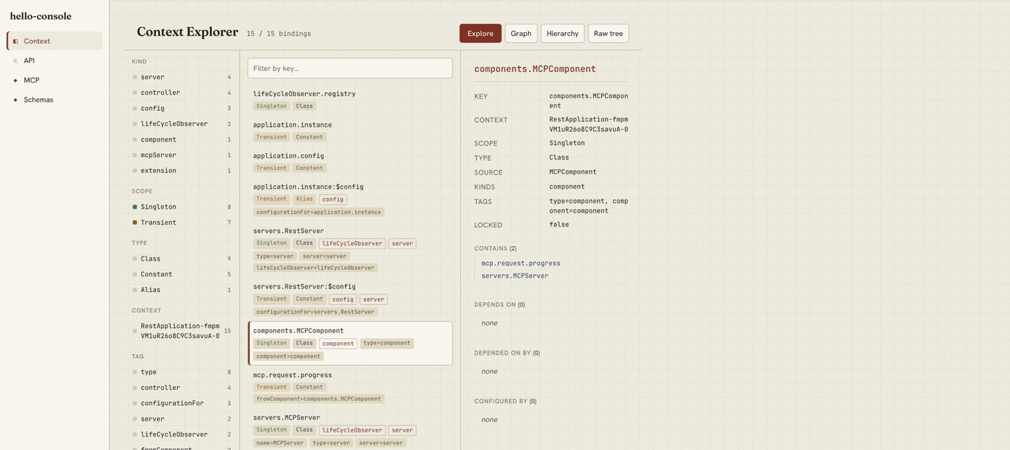 The detail pane for the MCPComponent binding, with a Contains section listing the bindings it contributed: the progress binding and the MCP server.