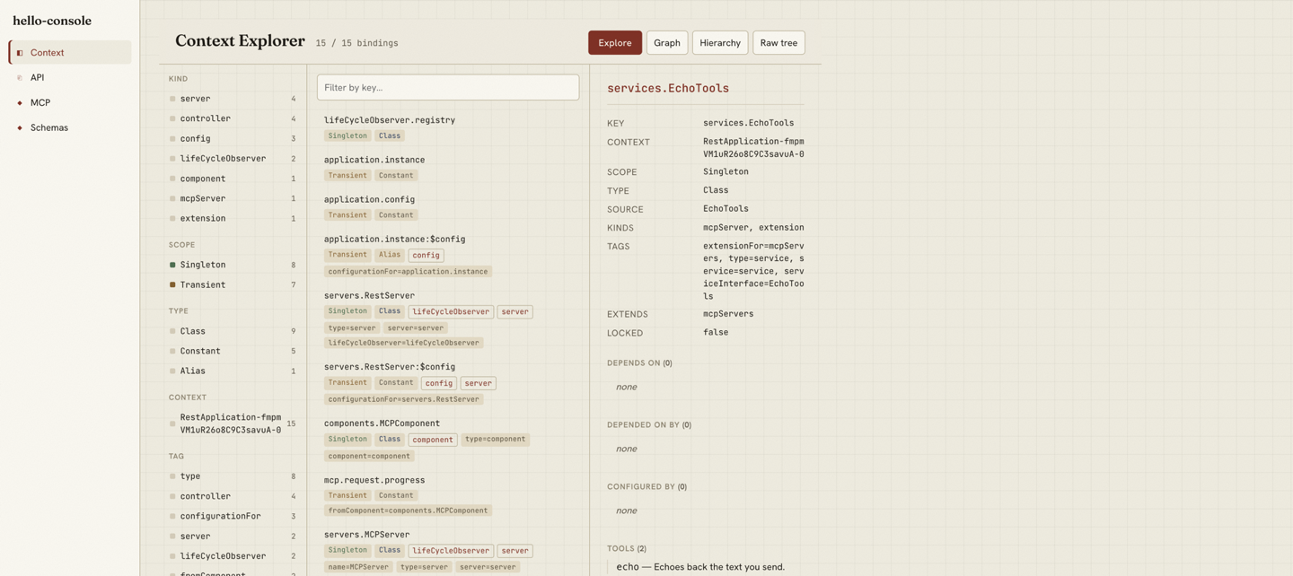 The Context panel's Explore view: a facet nav on the left, a filterable binding list in the center, and a detail pane on the right showing the selected EchoTools service's kinds, tags, the extension point it extends, and the MCP tools it contributes.