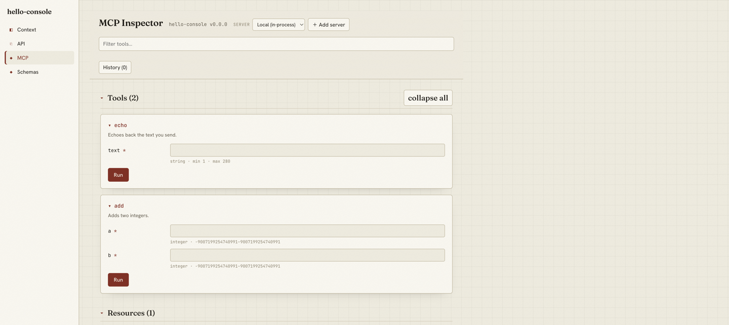 The MCP panel: the inspector listing the echo and add tools with their input forms and a Run button, plus a resources section.